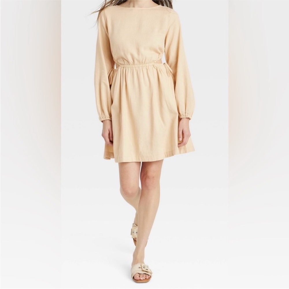 Side Cut Out Dress Tan Long Sleeve Sz XL NEW!